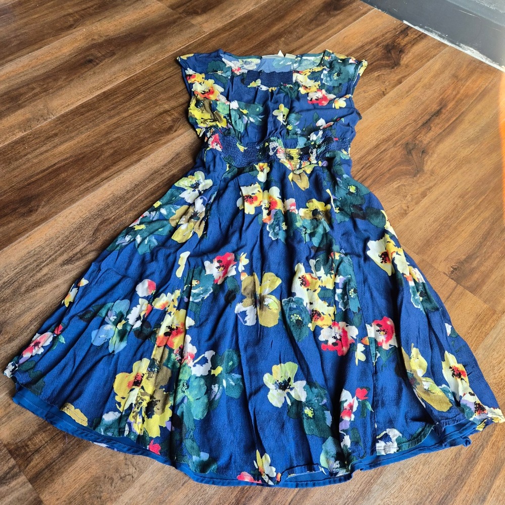 Maeve Anthropologie Floral Smocked Waist Dress Blue Sleeveless Small Cottagecore
